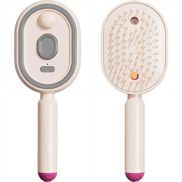 Cepillo masajeador capilar 3 en 1 con botones de vapor y spray, vista frontal y trasera