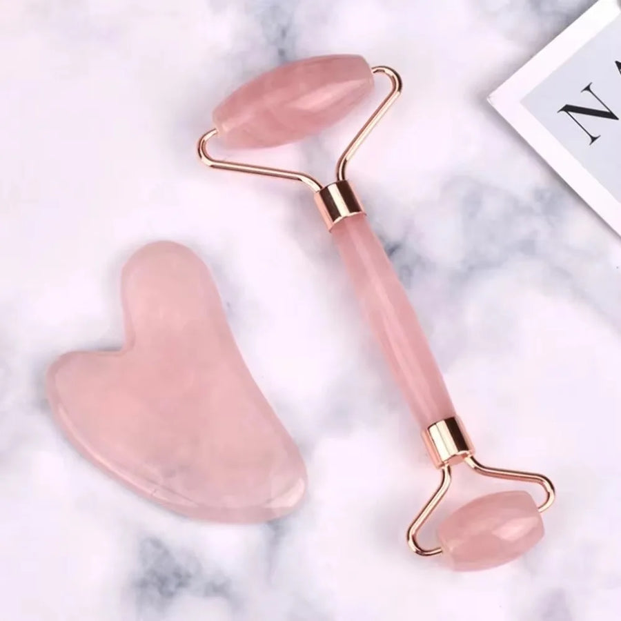 Set Gua Sha + Rodillo de Cuarzo Rosa Facial